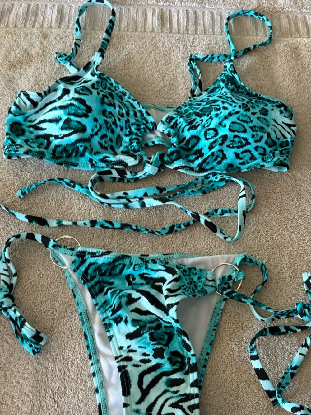 Turquoise Animal Print Ring Accent Bikini Set NEW No Tags